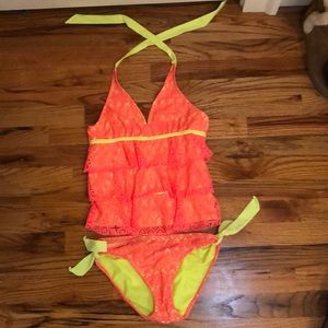 Justice Kids Pink and yellow lace tankini size 14